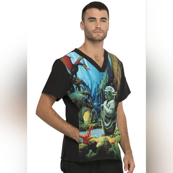 Yoda Cherokee Scrubs Tooniforms Star Wars Mens V Neck Top TF708 SRJM - Size M - Picture 2 of 7